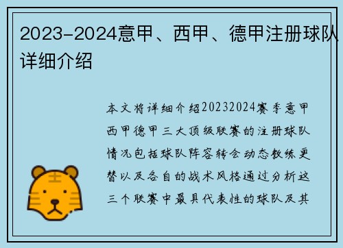 2023-2024意甲、西甲、德甲注册球队详细介绍