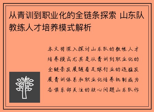 从青训到职业化的全链条探索 山东队教练人才培养模式解析