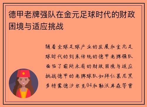 德甲老牌强队在金元足球时代的财政困境与适应挑战